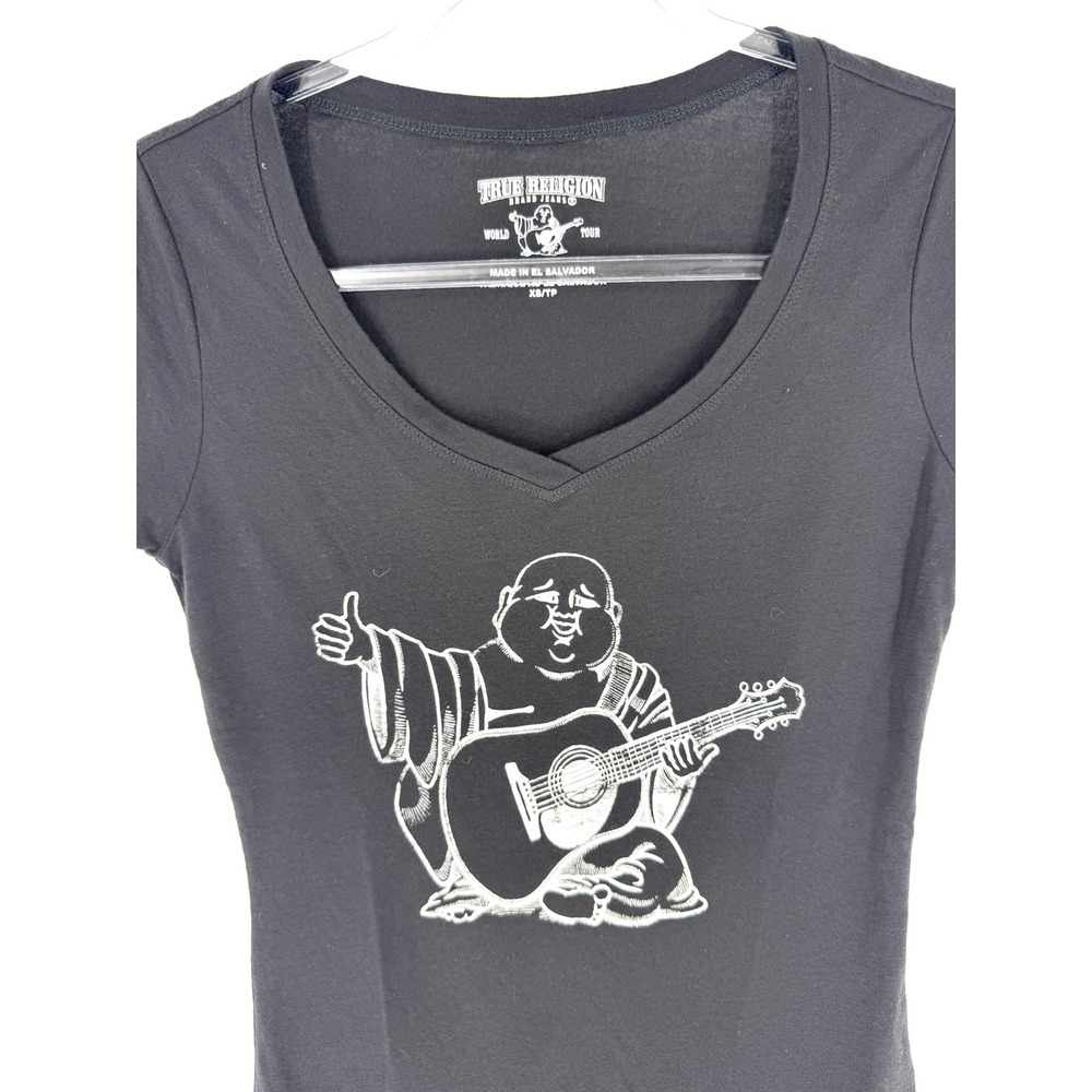 True Religion Womens Black Buddha Guitar Graphic V-Neck T-Shirt XS World Tour - Picture 2 of 7